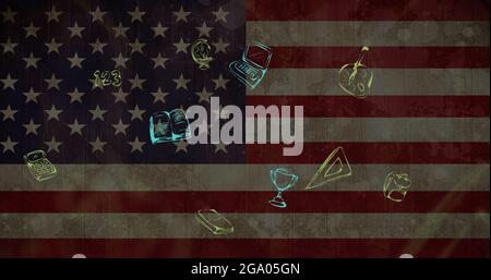 Plusieurs icônes de concept d'école contre le drapeau américain en arrière-plan Banque D'Images