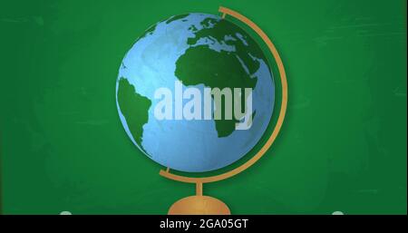 Retour à l'école texte et plusieurs icônes de concept d'école contre le globe tournant Banque D'Images