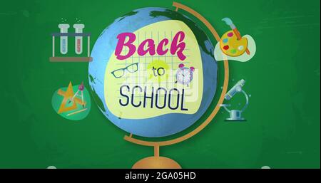 Retour à l'école texte et plusieurs icônes de concept d'école contre le globe tournant Banque D'Images