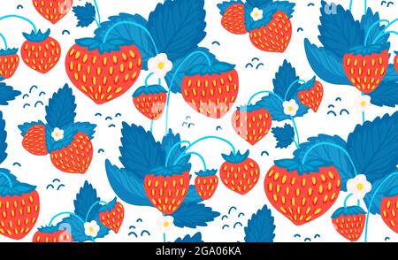 Motif original sans couture avec fraises, feuillage bleu et petites fleurs blanches. Texture d'été avec baies dessinées à la main. Papier peint à contraste naturel Illustration de Vecteur