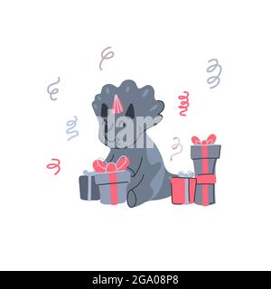 Joyeux petit dinosaure ouvrant cadeaux d'anniversaire. Fête festive. Carte pour enfant Vector avec tricératops pour bébé et boîtes-cadeaux sur fond blanc. Tre Illustration de Vecteur