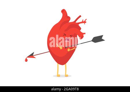 Adorable personnage de coeur de dessin animé percé d'être tourné par flèche emoji triste émotion.La mascotte d'organe circulatoire vectoriel dans la douleur et la souffrance symbolise l'amour brisé et la rupture.Illustration des eps isolés Illustration de Vecteur