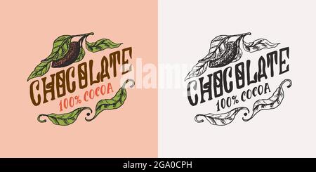 Feuilles de cacao. Logo ou badge vintage pour tee-shirts, typographies, magasins ou enseignes. Esquisse gravée dessinée à la main. Illustration vectorielle. Illustration de Vecteur