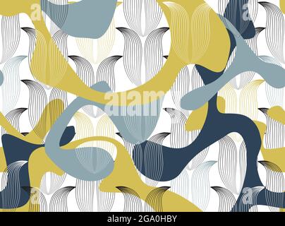Motif linéaire fleuri abstrait sans couture. Ornement ligne arabe avec formes fleur lotus. Décoration florale asiatique avec lignes noires. Illustration de Vecteur