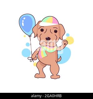 Adorable chien de Labrador avec patte de sauvetage. Symbole LGBT dans une écharpe et une casquette de couleur arc-en-ciel tenant une montgolfière bleue. Personnage de dessin animé de chiot isolé. Art plat Illustreti Banque D'Images
