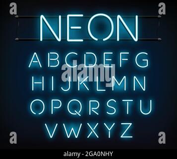 Illustration du vecteur de police bleu fluo. Lettres lumineuses au néon bleu. Alphabets lumineux. Lettres a-Z. Illustration de Vecteur