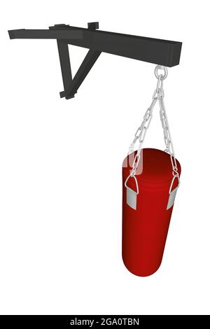 Sac de poinçonnage rouge suspendu sur des chaînes attachées à des fixations isolées sur fond blanc. 3D. Vue en perspective. Illustration vectorielle. Illustration de Vecteur