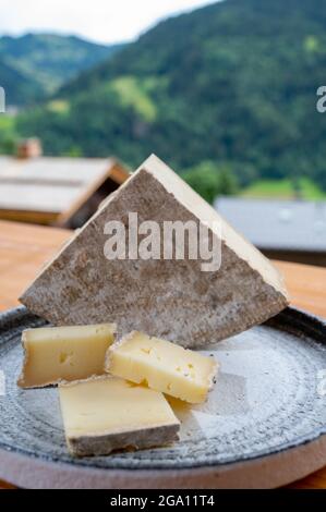Collection de fromages, tomme de savoie et village de montagnes françaises en haute-Savoie en été en arrière-plan Banque D'Images