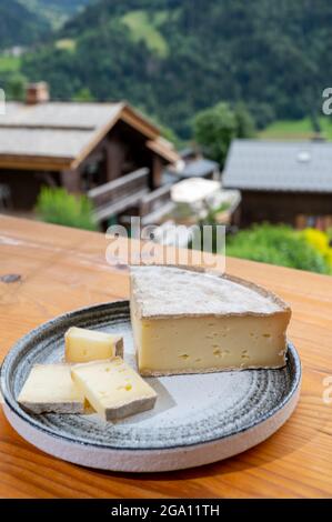 Collection de fromages, tomme de savoie et village de montagnes françaises en haute-Savoie en été en arrière-plan Banque D'Images