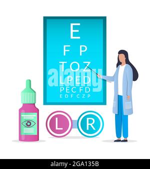 Médecin ophtalmologiste contrôle de la vue, lentilles de contact, illustration vectorielle. Test et correction de la vision, santé oculaire. Illustration de Vecteur