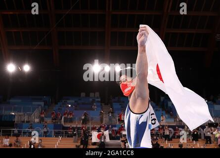 Tokyo, Japon. 28 juillet 2021. Hashimoto Daiki, du Japon, célèbre après la finale de gymnastique artistique des hommes aux Jeux Olympiques de Tokyo 2020 à Tokyo, au Japon, le 28 juillet 2021. Credit: Xinhua/Alay Live News Banque D'Images
