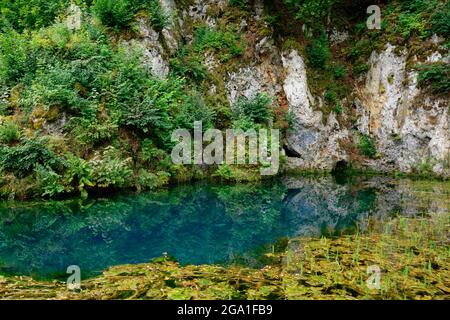Brenztopf (aussi Brenzursprung), source karstique à Königsbronn dans le district de Heidenheim, Alpes souabes, Bade-Wurtemberg, Allemagne Banque D'Images