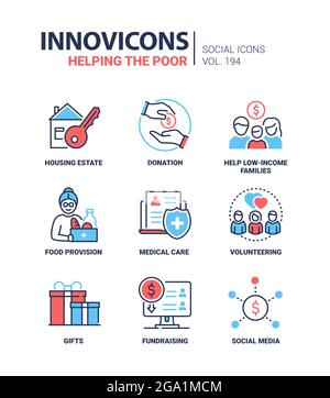 Aider les pauvres - moderne coloré style de design de ligne icônes. Œuvres de bienfaisance et attention à la compilation dans le besoin avec des images rouges et bleues. Immobilier, Illustration de Vecteur