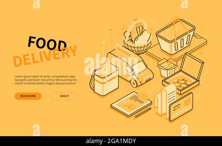Livraison alimentaire - bannière isométrique de style ligne jaune. Shopping, service de commande de nourriture en ligne et en-tête de livraison à domicile avec espace de texte Illustration de Vecteur