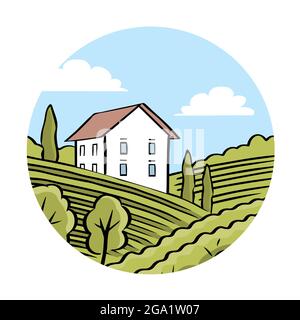 Vignobles et villa. Paysage italien. Étiquette de vin. Contour de l'illustration vectorielle Illustration de Vecteur