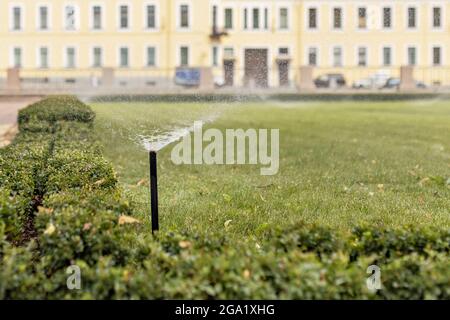 Arrosage automatique des pelouses dans le jardin à côté de la maison. Banque D'Images