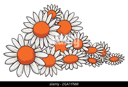 Bouquet de fleurs de style dessin animé avec des pétales blancs et des disques de fleurs orange, isolés sur fond blanc. Illustration de Vecteur