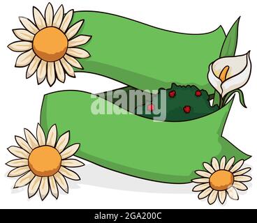 Modèle de rubans verts décoré de pâquerettes blanches, de nénuphars et de feuillage avec de petites fleurs, isolé sur fond blanc. Illustration de Vecteur