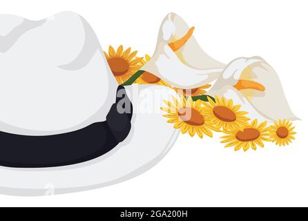 Bannière avec chapeau blanc et quelques fleurs : nénuphars de beauté et pâquerettes jaunes, sur fond blanc. Illustration de Vecteur