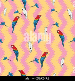 Vecteur orange fond oiseaux tropicaux, perroquets, macaw, cacatoès exotiques. Arrière-plan sans couture Illustration de Vecteur