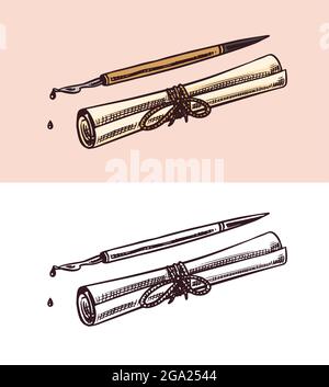 Rouleau de papier et un stylo pour écrire. Encre goutte à goutte de style vintage gravé. Illustration vectorielle rétro pour la coupe de bois, le bloc de bois ou l'impression. Dessiné à la main. Illustration de Vecteur