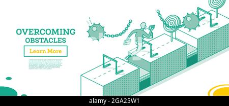 Surmonter les obstacles de l'entreprise. L'homme d'affaires saute sur les haies et les haies des boules de naufrage Swinging. Concept de contour isométrique. Illustration vectorielle. BA Illustration de Vecteur