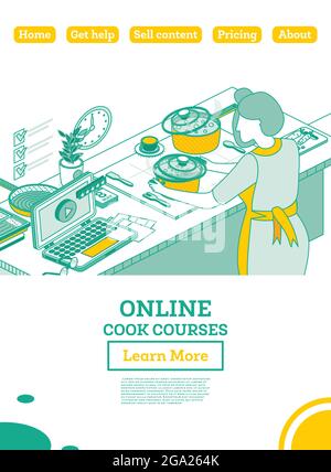 École de cuisine en ligne Isométrique. Femme cuisante soupe sur la cuisinière électrique. Cours de cuisine. Illustration vectorielle. Didacticiel vidéo ou webinaire. Illustration de Vecteur