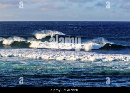 Surfeurs surfant sur d'énormes vagues à Ho'okipa Beach Park près de Paia avec un ciel bleu et des nuages à l'horizon; Maui, Hawaii, États-Unis d'Amérique Banque D'Images