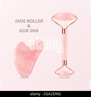 Vector 3d Realistic Jade Roller, Gua Sha Scraping massage Tool Set. Grattoir en pierre à quartz rose naturel, masseur. Visage traditionnel chinois Illustration de Vecteur