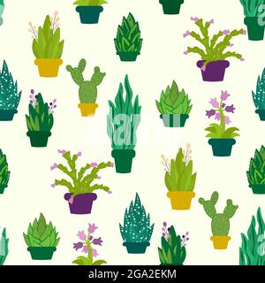 Les plantes de maison dans les pots sont un modèle sans couture. Cactus, agave Illustration de Vecteur
