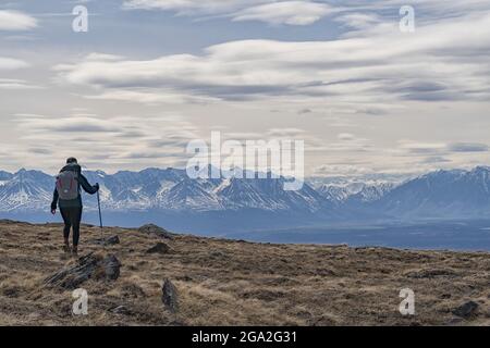 Vue prise de l'arrière d'une femme randonnée avec des bâtons de randonnée sur la végétation sauvage et les rochers de la toundra en face d'un ra de montagne silhoueté... Banque D'Images