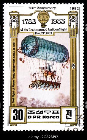 RMR, CORÉE - VERS 1982 : timbre-poste de la Corée montrant le vol d'essai du cheval Pierre TTest-Brisy à 1798 Banque D'Images