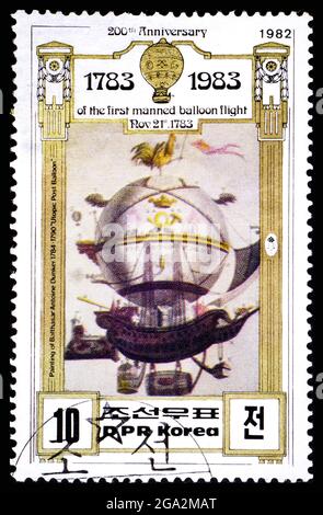 DPR, CORÉE - VERS 1982: Timbre-poste de la Corée montrant le vol en montgolfière de Balthasar Anton Dunker Banque D'Images