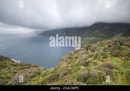 Gris, les nuages de pluie et la brume couvrent les falaises de Slieve League et l'océan Atlantique; Comté de Donegal, Irlande Banque D'Images