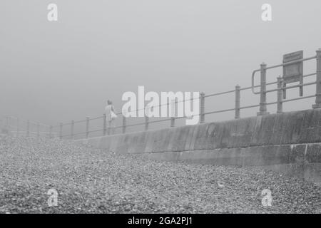 Un paysage de front de mer brumeux et brumeux au stade de Hastings, dans l'est du Sussex, en Angleterre, avec son cadre métallique victorien bordant les plages Banque D'Images