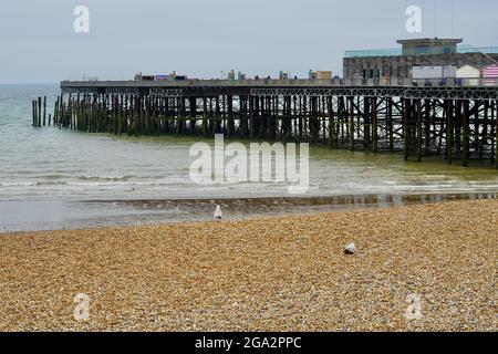 Un paysage de front de mer brumeux et brumeux au stade de Hastings, dans l'est du Sussex, en Angleterre, avec son cadre métallique victorien bordant les plages Banque D'Images