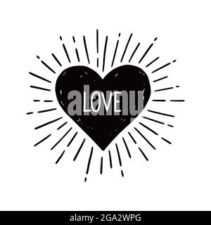 Cœur avec texte d'amour. Style d'esquisse dessiné à la main. Illustration vectorielle en forme de cœur pour cadre en forme de soleil, citation d'amour Illustration de Vecteur
