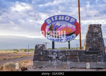 Panneau de bienvenue à Bishop, Californie, États-Unis. Banque D'Images