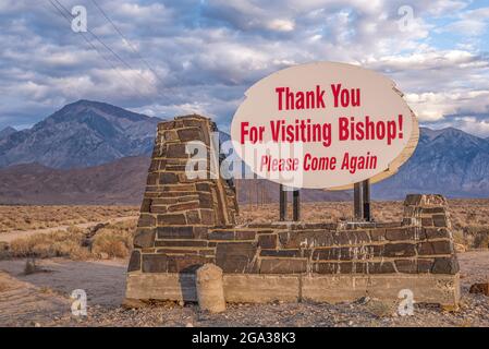 Panneau de bienvenue à Bishop, Californie, États-Unis. Banque D'Images