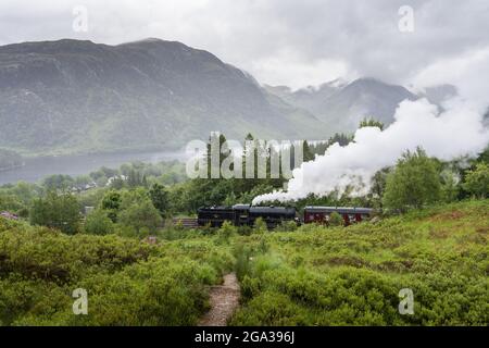 Le train Jacobite, rendu célèbre par les films Harry Potter, passe au-dessus du viaduc de Glenfinnan à Glenfinnan, en Écosse Banque D'Images