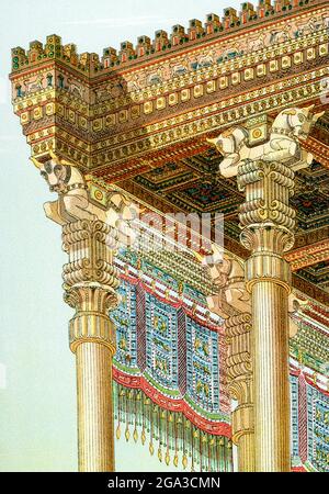 Cette illustration de 1903 montre un détail de l'entablature de la salle hypostyle de Xerxes. Un hall hypostyle a un plafond plat qui est soutenu par des colonnes. La salle Hypostyle de Xerxes, roi de Perse qui régna de 485 à 465 av. J.-C., servait de salle du trône ou de salle d'audience. Il était ouvert toute l'année, mais les espaces entre les colonnes pouvaient sans aucun doute être fermés avec de magnifiques tentures sur le côté ensoleillé. Des colonnes détachées l'entouraient sur trois côtés, le style des piliers étant légèrement différent de celui du corps de la salle; les colonnes étaient de 65 pieds de hauteur et couronnées avec Banque D'Images