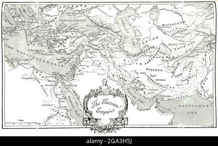 Cette carte, qui date de 1903, délimite l'ancien empire persan. L'Empire perse est le nom donné à une série de dynasties centrées dans l'Iran moderne qui a duré plusieurs siècles. Le premier empire perse, fondé par Cyrus le Grand aux alentours de 550 av. J.-C., est devenu l’un des plus grands empires de l’histoire, s’étendant de la péninsule des Balkans en Europe à l’ouest jusqu’à la vallée de l’Indus en Inde à l’est (comme nous l’avons vu ici). Cette dynastie de l'âge de fer, parfois appelée l'empire achaéménide, a été un centre mondial de la culture, de la religion, de la science, de l'art et de la technologie pendant plus de 200 ans avant qu'elle ne tombe à l'envahisseur ar Banque D'Images