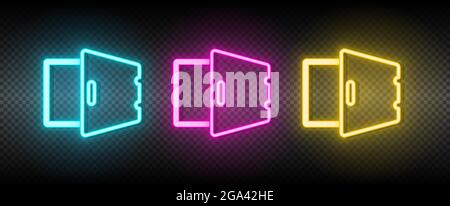 icône de vecteur néon coffre, ouvert et sûr. Illustration bleu néon, jaune, rouge ensemble d'icônes. Illustration de Vecteur