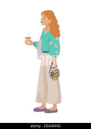 Jeune fille aux cheveux rouges avec une tasse en papier de café et un sac à provisions écologique avec des fruits isolés sur fond blanc. Illustration de Vecteur