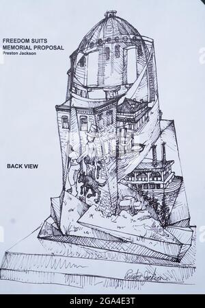 Un dessin d'artiste du Mémorial Freedom Suits est exposé lors d'une cérémonie d'inauguration à Saint-Louis le mercredi 28 juillet 2021. Dans les années 1800, les tribunaux du territoire du Missouri ont autorisé les esclaves à poursuivre pour leur liberté. Les procès ont par la suite été appelés procès pour la liberté. L'affaire la plus célèbre est née dans le système du circuit court de Saint-Louis, lorsque Dred Scott et sa femme Harriet ont poursuivi pour leur liberté. Le Freedom Suits Memorial reconnaîtra et honorera les quelque 400 000 personnes asservies qui ont demandé aux tribunaux du Missouri leur liberté. Photo de Bill Greenblatt/UPI Banque D'Images