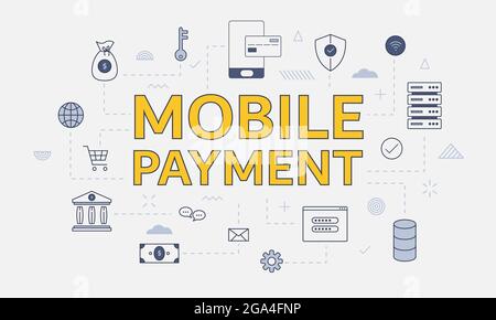 concept de paiement mobile avec jeu d'icônes avec gros mot ou texte sur illustration vectorielle centrale Banque D'Images