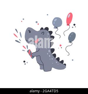 Un petit dinosaure joyeux qui soufflait de paper-board avec des ballons pour l'anniversaire. Fête festive. Carte vectorielle pour enfants avec dessin animé Joyful dino sur fond blanc Illustration de Vecteur