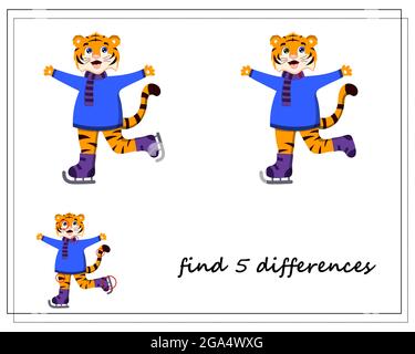 un jeu pour les enfants trouve les différences, l'hiver, un tigre sur patins, un symbole de l'année. vecteur Illustration de Vecteur
