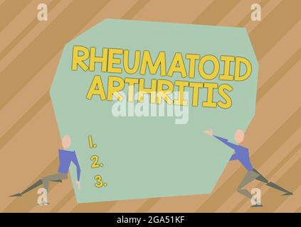 Légende conceptuelle arthrite rhumatoïde. Concept d'affaires maladie chronique progressive causant l'inflammation des articulations deux hommes Illustration essayer de soulever Banque D'Images