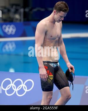 Tokio, Japon. 29 juillet 2021. Natation : Jeux Olympiques, hommes, méditation de 200 m, demi-finales au centre aquatique de Tokyo. Philip Heintz, de l'Allemagne, réagit. Credit: Friso Gentsch/dpa/Alay Live News Banque D'Images